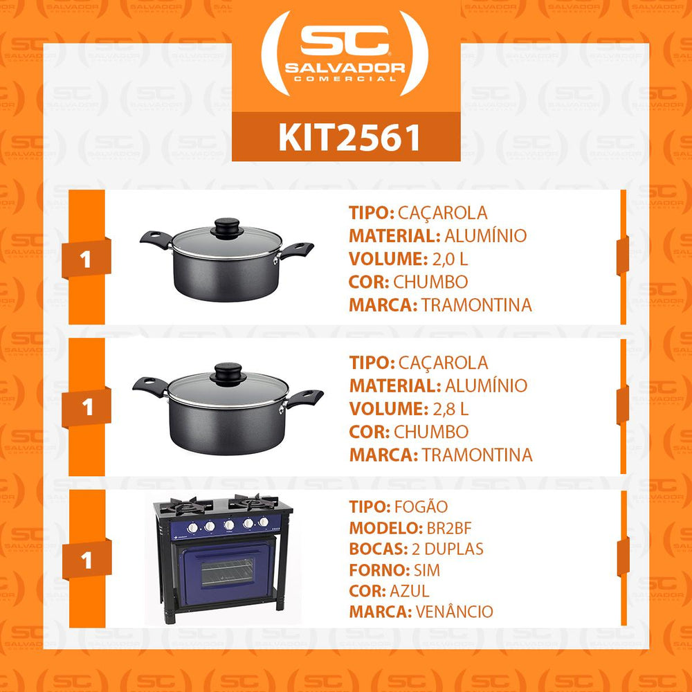 Kit Fogão Industrial 2 Bocas com Forno Bravo Azul Venâncio + 2 Caçarolas Tramontina Turim