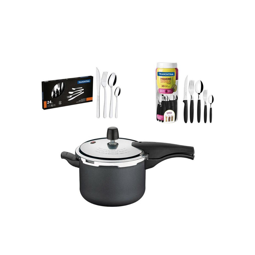 Kit Panela de Pressão 4,5L Grafite + 1 Faqueiro 30pç + 1 Faqueiro Inox 24pç - Tramontina