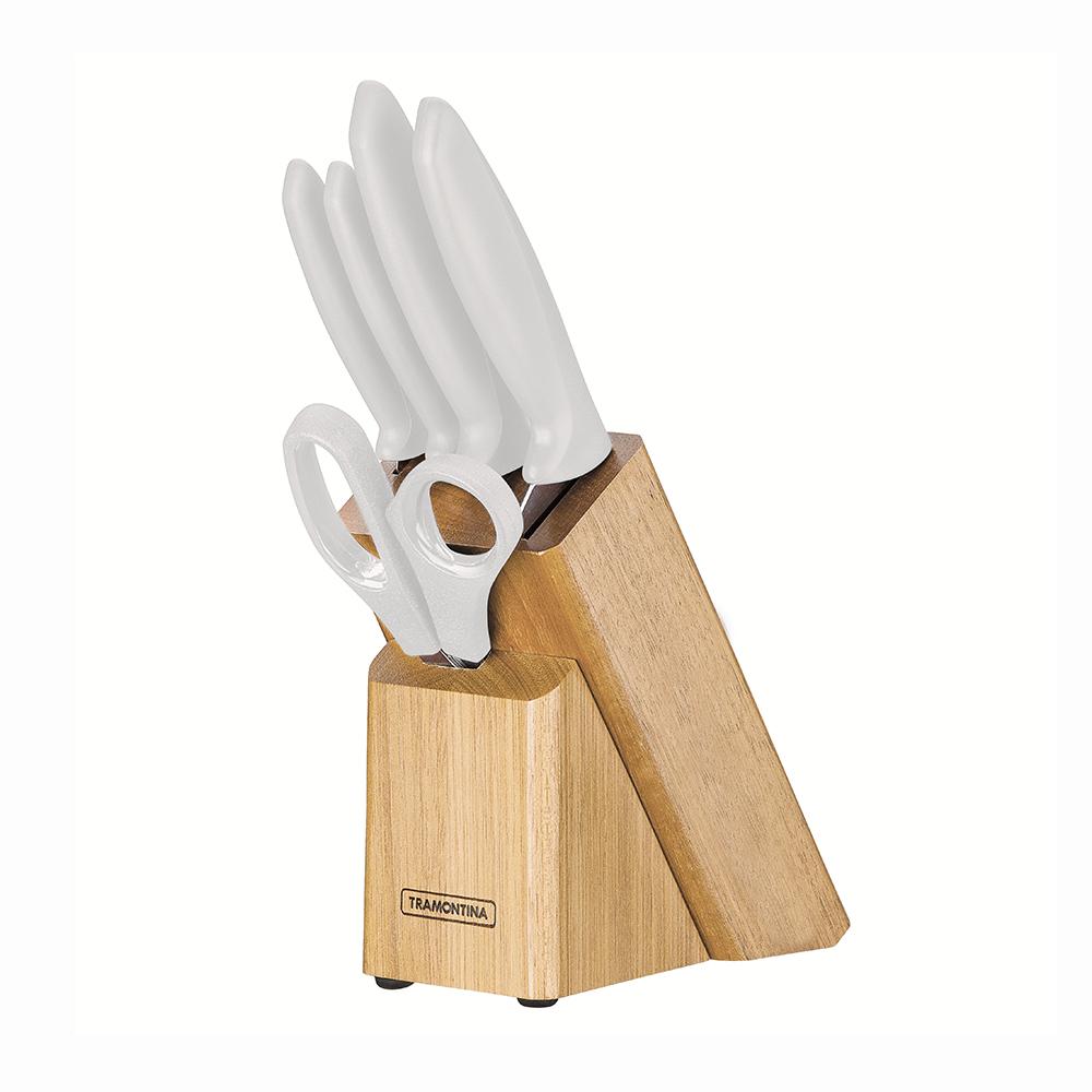 Jogo Facas Plenus Lâminas Inox Cabos Branco Off White Suporte Madeira 6 peças - Tramontina 23498315