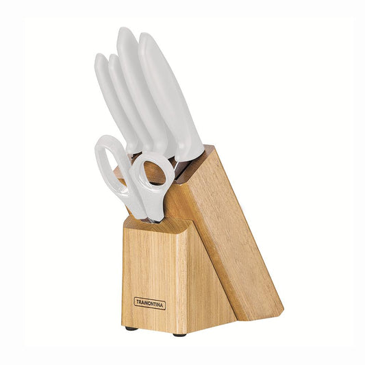 Jogo Facas Plenus Lâminas Inox Cabos Branco Off White Suporte Madeira 6 peças - Tramontina 23498315