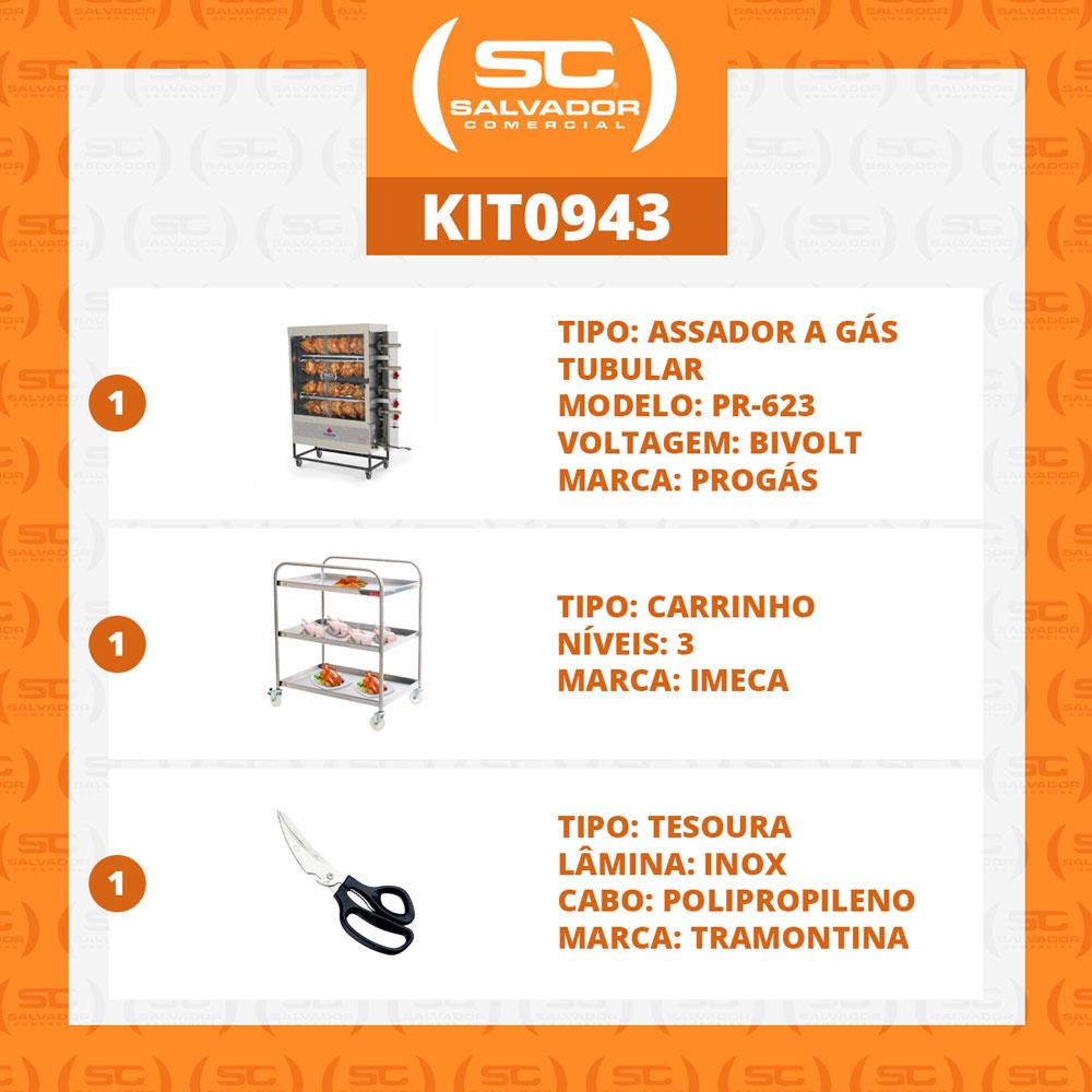 Assador de Frango Rotativo Profissional a Gás 4 Espetos Tubular Pr-623 Progás + Tesoura Tramontina + Carrinho Inox 3 Níveis Imeca
