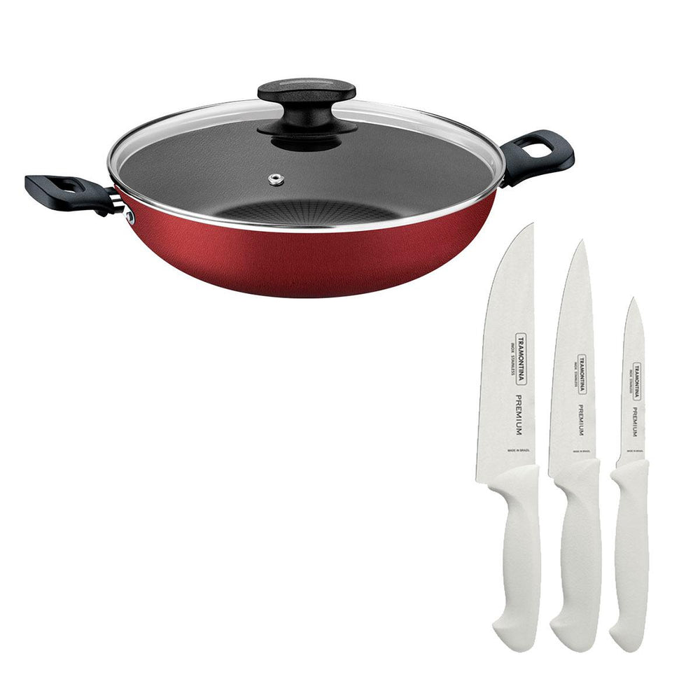 Kit Faqueiro Premium 3 Peças + 1 Panela Wok 28cm Vermelha - Tramontina
