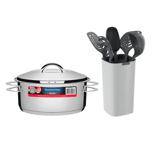 Kit Caçarola Aço Inox Solar 4,7 Litros PIT 1 + Jogo de Utensílios 6 Peças Verano Ônix  - Tramontina