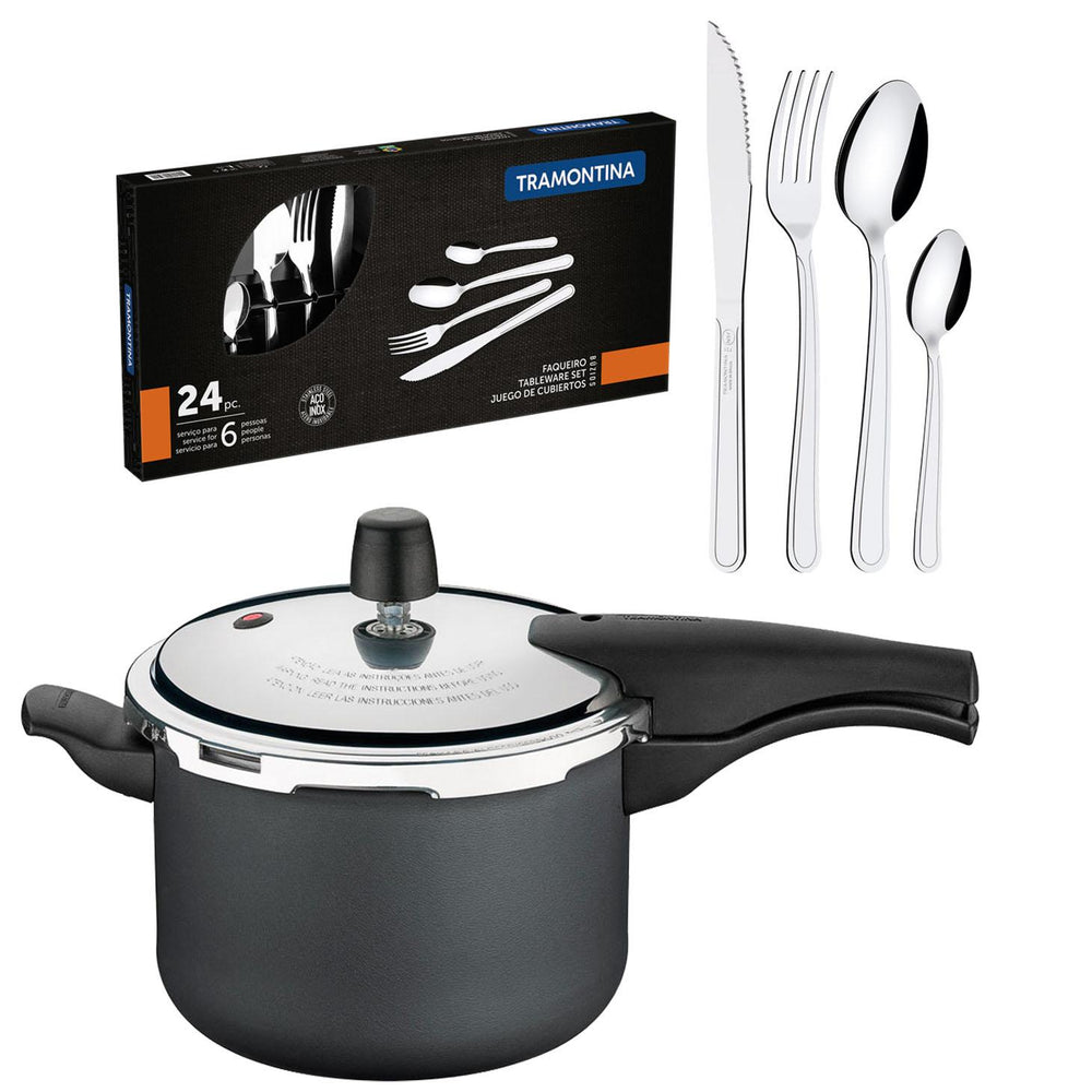 Kit Panela de Pressão 4,5L Vancouver Grafite + 1 Faqueiro Inox 24pç - Tramontina