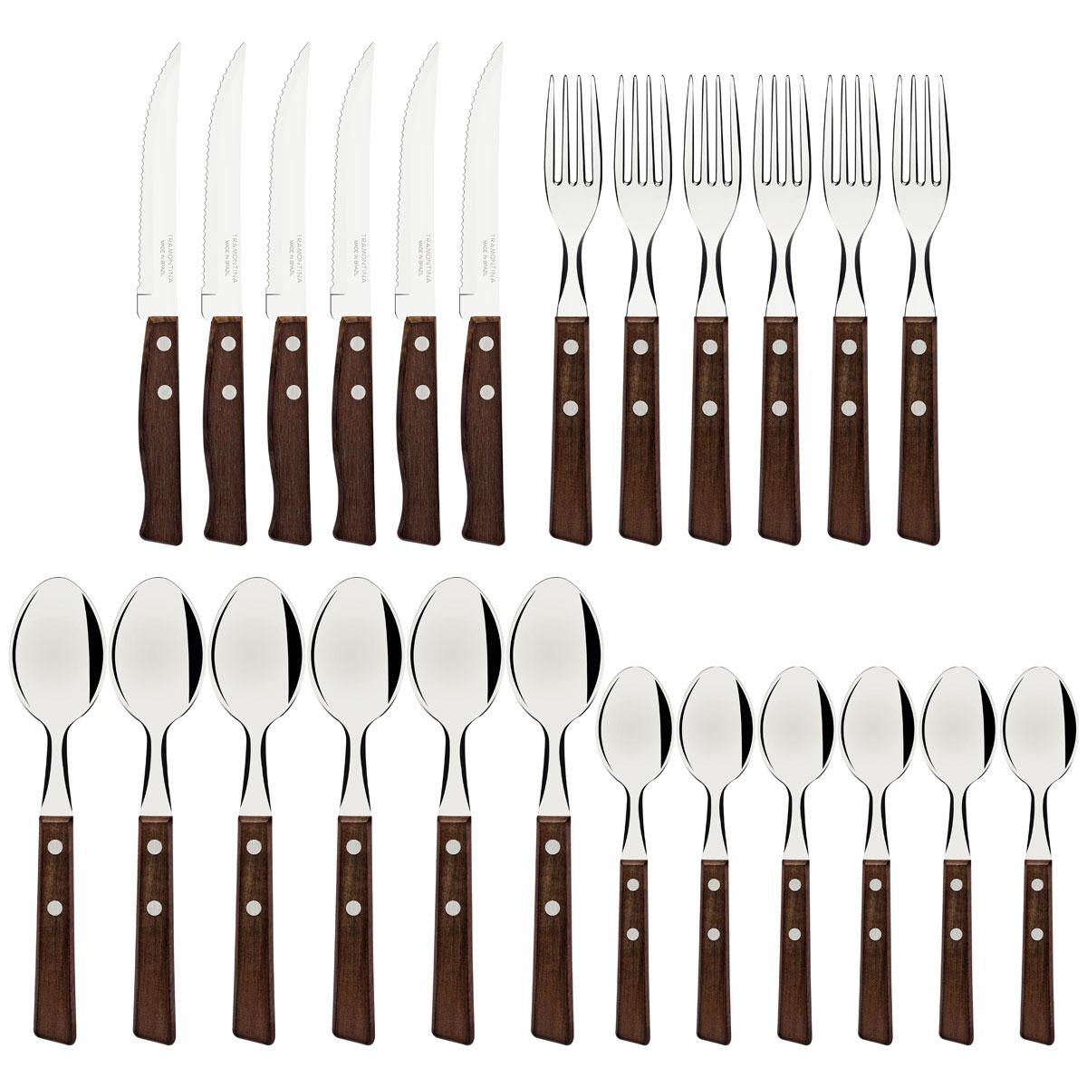 Faqueiro Tradicional Lâminas Aço Inox Cabos de Madeira Natural 24 Peças - Tramontina 22299050