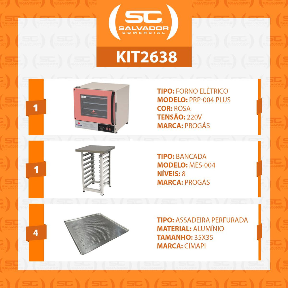 Kit Forno Turbo Elétrico PRP-004 Plus 220V Rosa + Bancada MES-004 Progás + 4 Assadeiras Cimapi