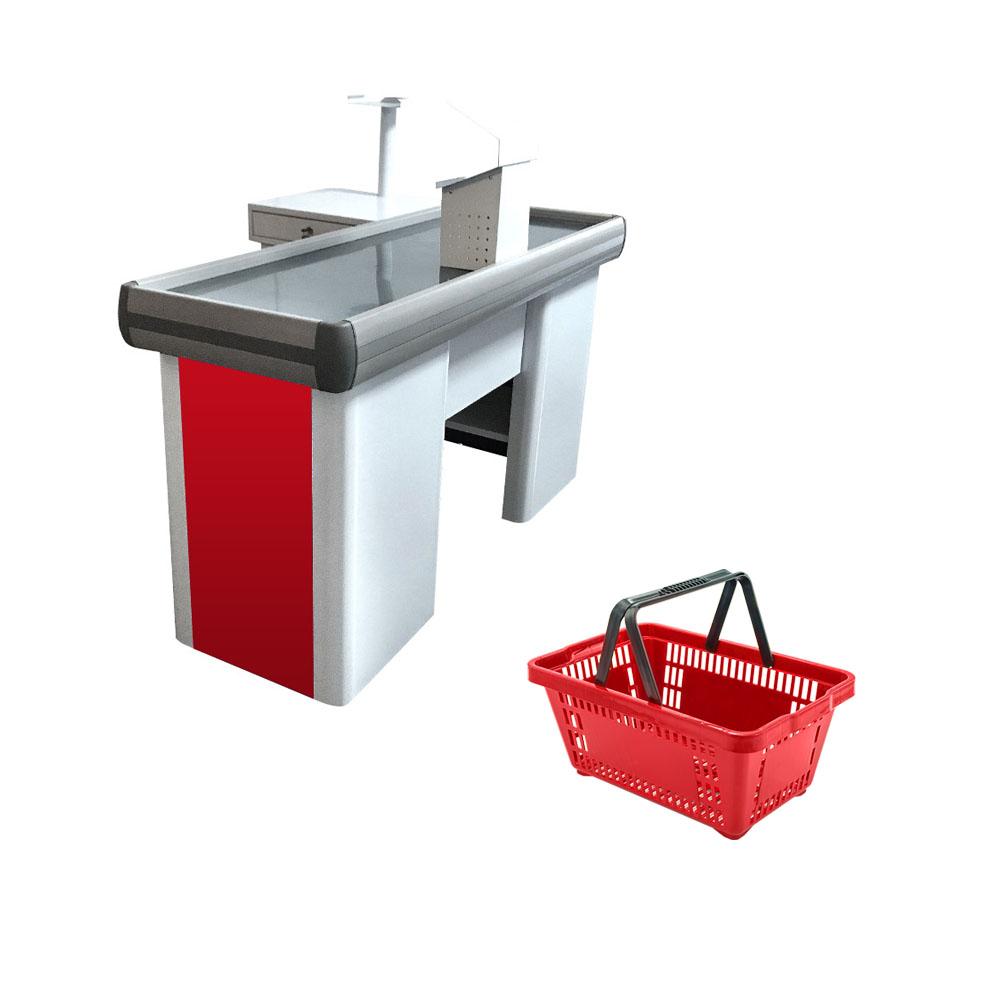 Kit Caixa De Supermercado Empacotador Check-Out 1,50m Recorte + 5 Cestos De Compras Vermelho