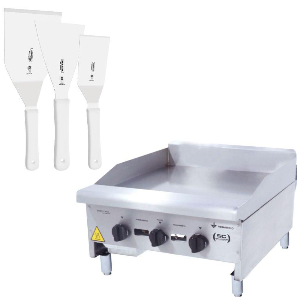 Chapa Americana Profissional 60cm a Gás 8mm Lisa Inox CG60 e Conjunto de Espátulas - Venâncio