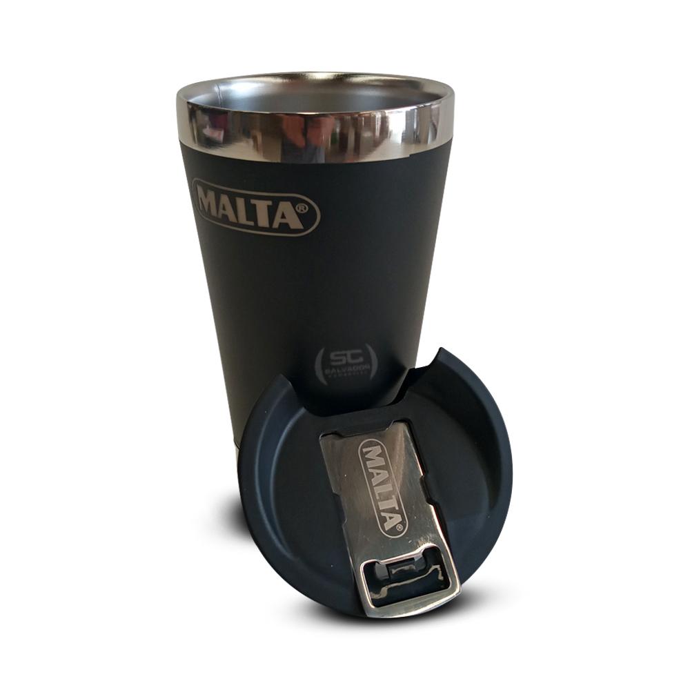 Copo Térmico Para Cerveja Chopp Gelado Em Inox 473ml Cqs 5748 Preto Com Tampa e Abridor - Malta