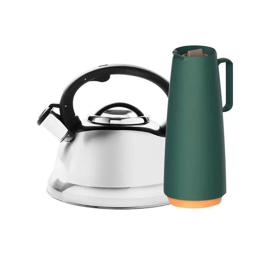 Chaleira Com Apito Roma em Aço Inoxidável 2,7l Brinox e Bule Garrafa Térmica 1l Verde Tramontina
