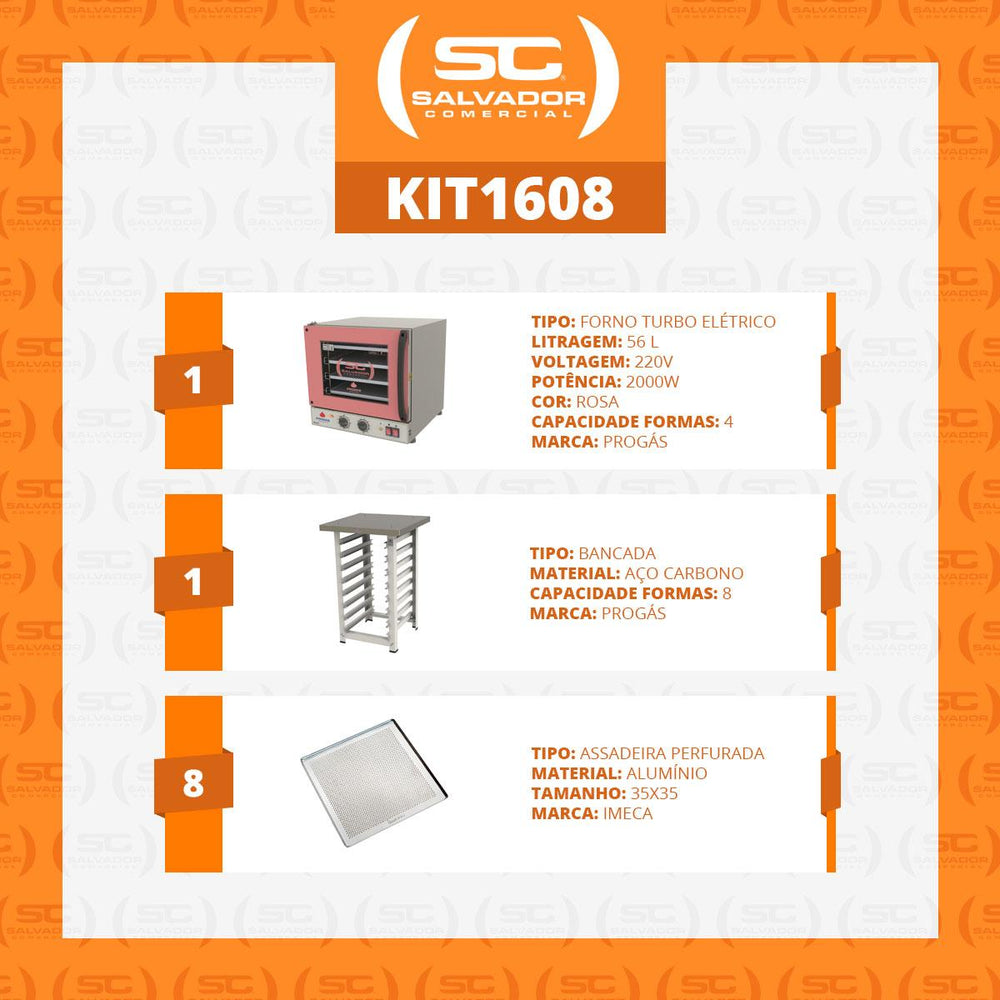 KIT - Forno Turbo Elétrico Fast Oven PRP-004 220V Rosa + Bancada MES-004 + 8 Assadeiras - Progás