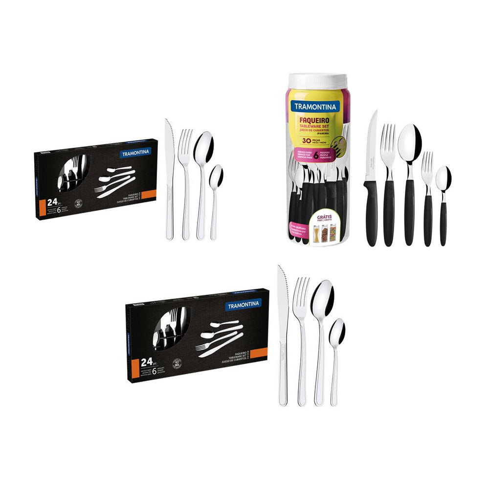 Kit 1 Faqueiro Inox 30 Peças Ipanema Preto + 2 Faqueiros Inox 24pç - Tramontina
