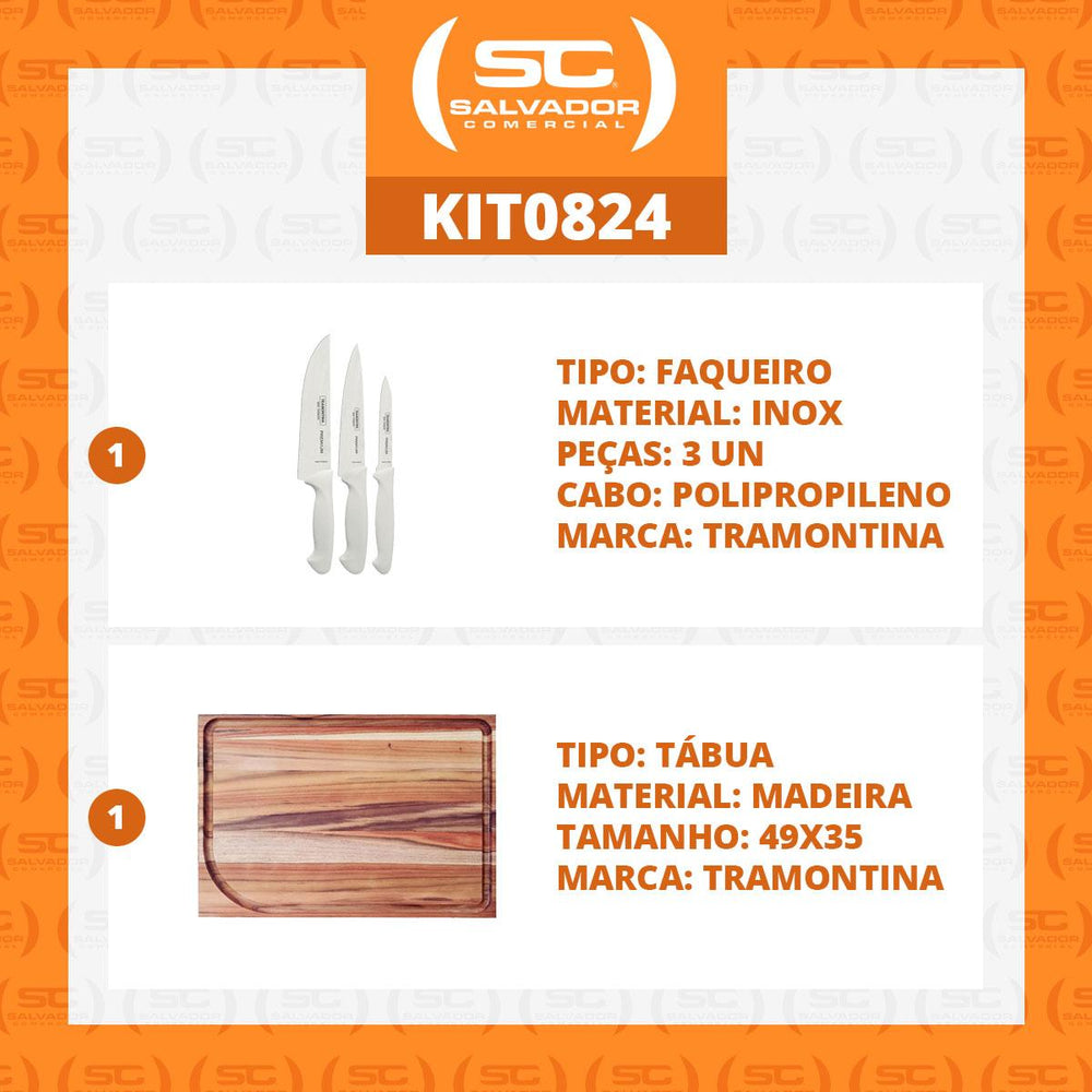 Kit Faqueiro Premium 3 Peças + 1 Tábua Para Churrasco 49x35 - Tramontina