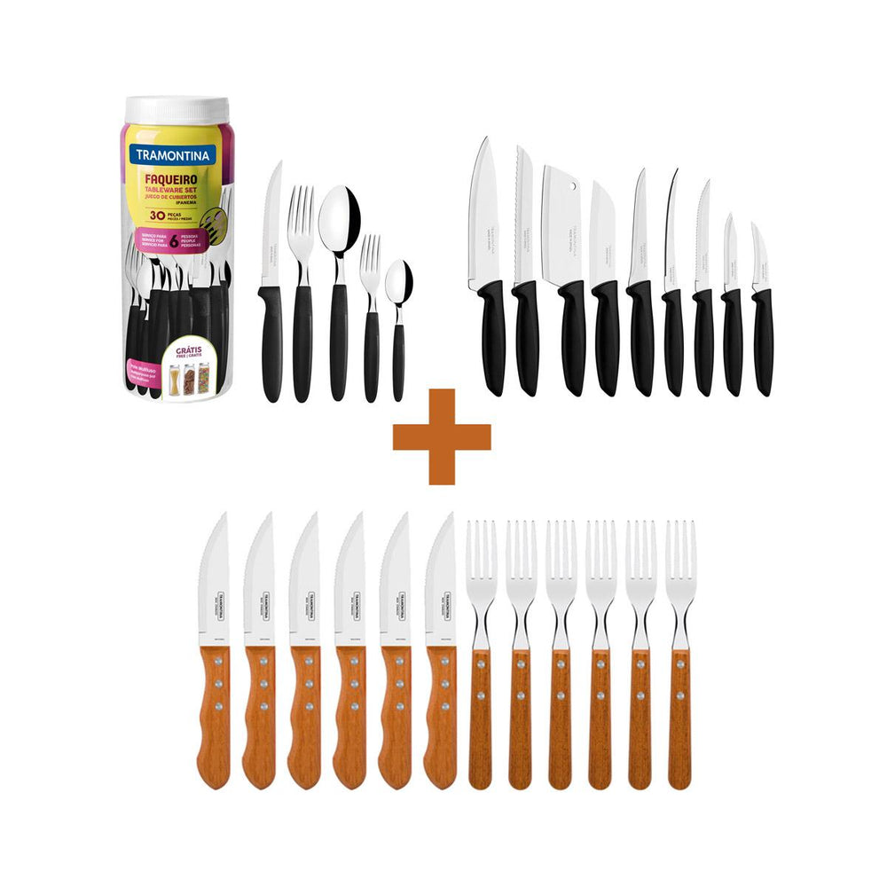Kit Jogo de Churrasco Inox 12 Peças + 1 Faqueiro 30pç + 1 Conjunto Facas 9pç - Tramontina