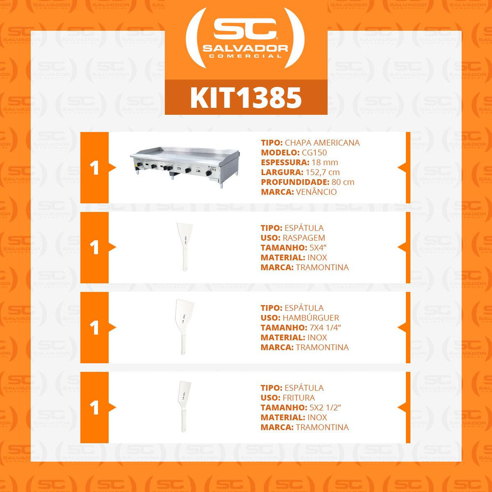 Chapa Americana Profissional 150cm a Gás 18mm Lisa Inox Cg150 e Conjunto de Espátulas - Venâncio