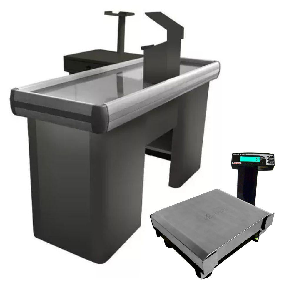 Kit Caixa Supermercado Empacotador Preto 1,50m Check-Out + Balança Bivolt 30kg Urano