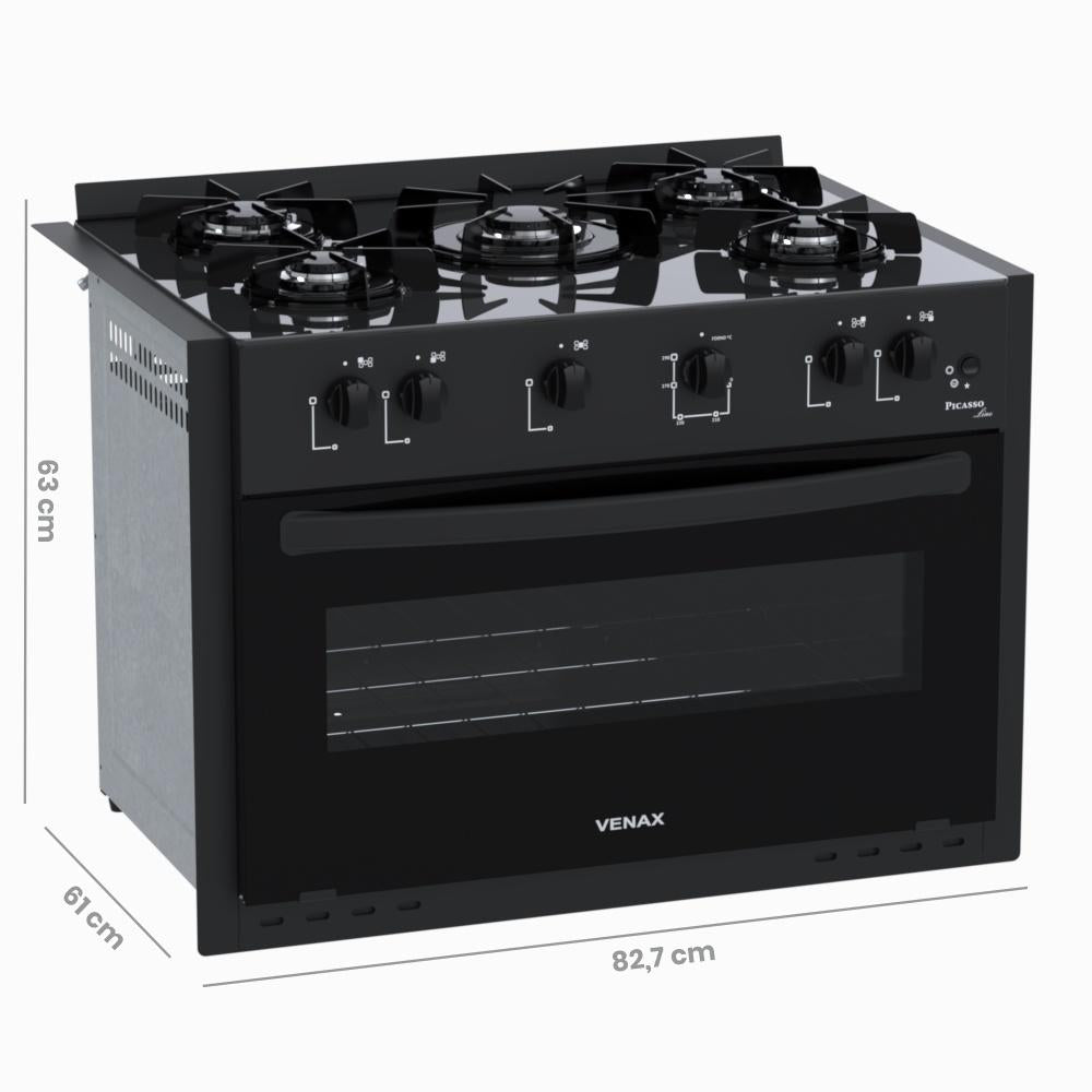 Fogão de Embutir 5 Bocas Picasso Line Preto Fosco Gás GLP Com Forno PCEL560 - Venax 30260