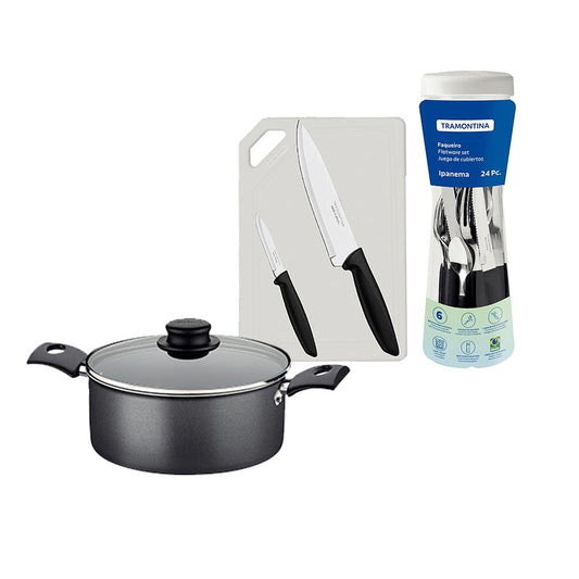 Caçarola Turim Alumínio Chumbo Antiaderente 2,0l + Faqueiro Ipanema 24pc + Tábua e Facas - Tramontina