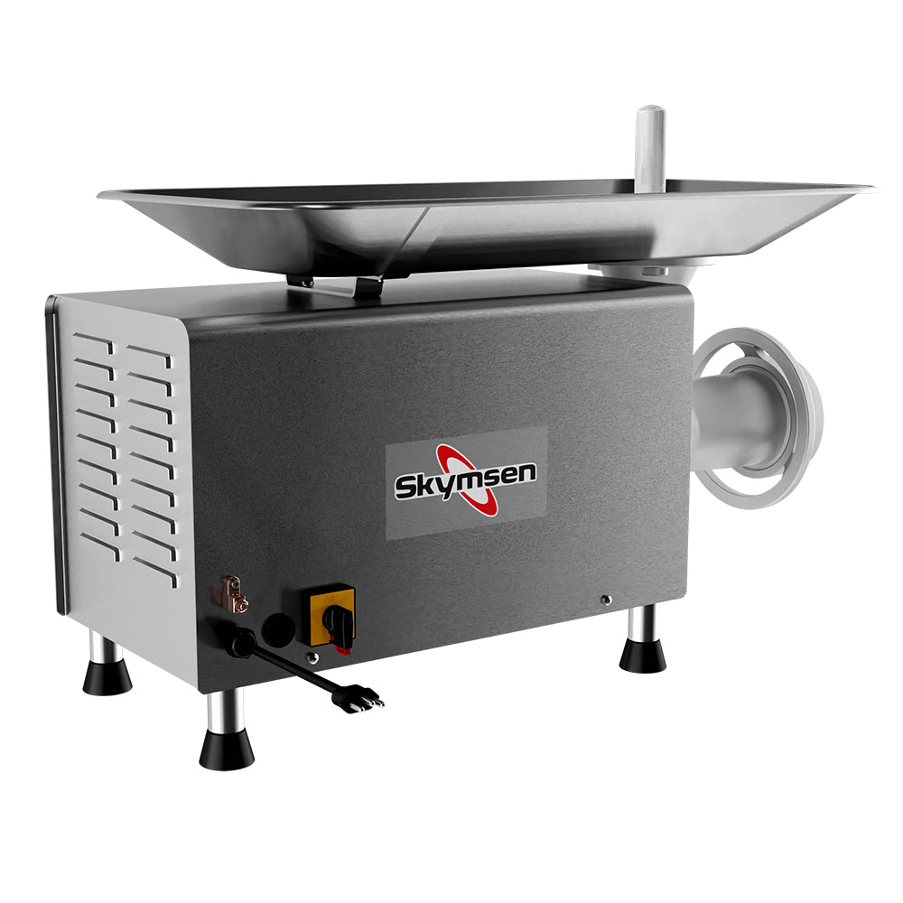 Imagem do Picador Moedor Carne 98 Skymsen, destacando sua estrutura robusta e design para uso comercial.
