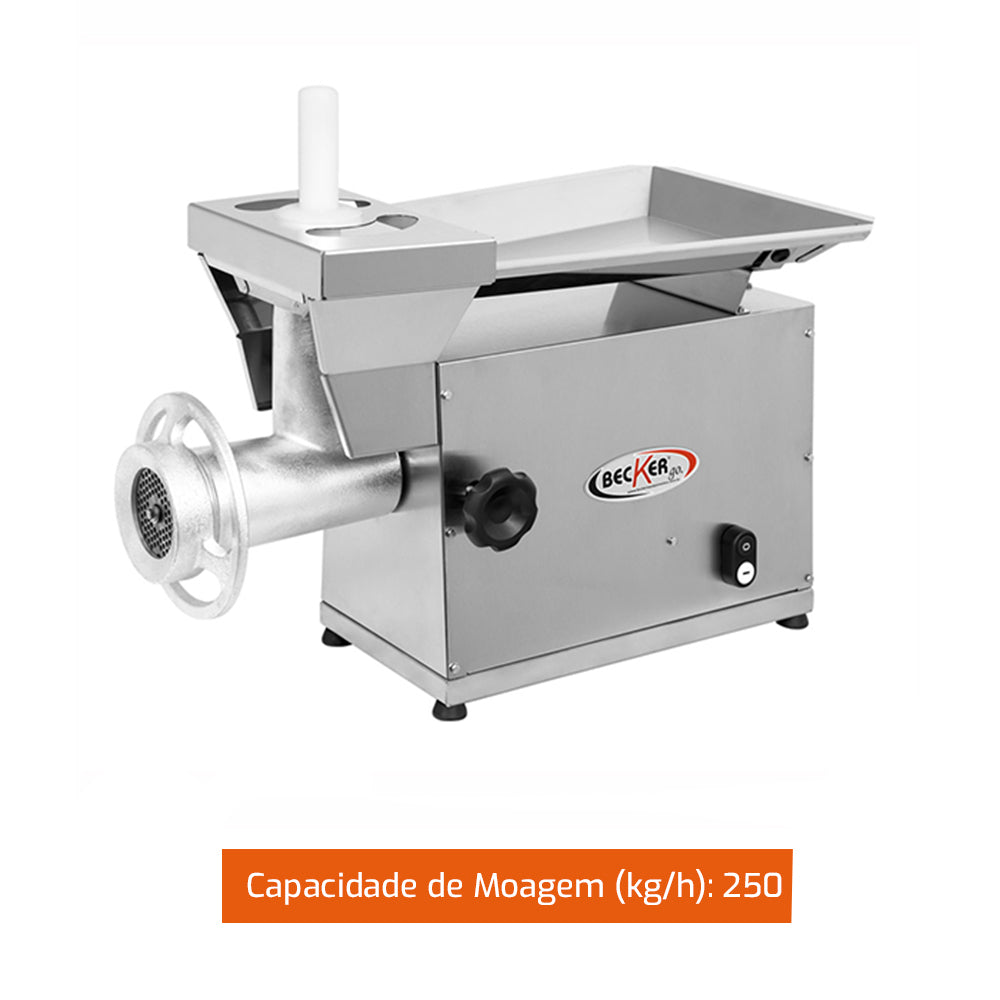 Picador Moedor de Carnes MBI-10, bivolt, com capacidade de até 250 kg/h, ferramenta essencial para o preparo rápido de alimentos em cozinhas comerciais.