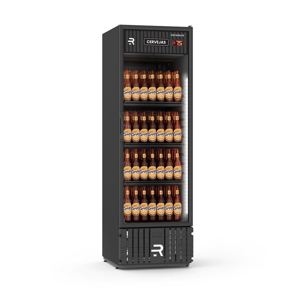 Refrigerador cervejeiro profissional com porta de vidro dupla e controle digital.