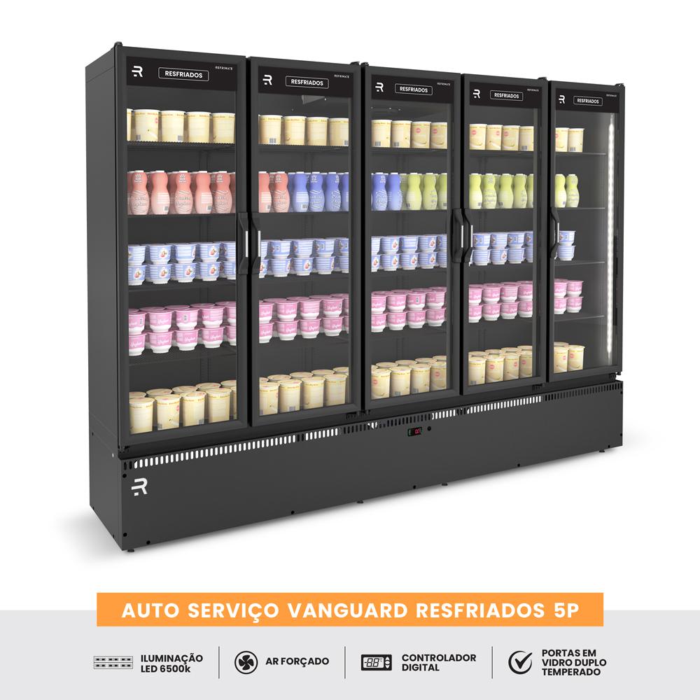 Refrigerador comercial 5 portas preto Vanguard com controle digital e iluminação LED interna