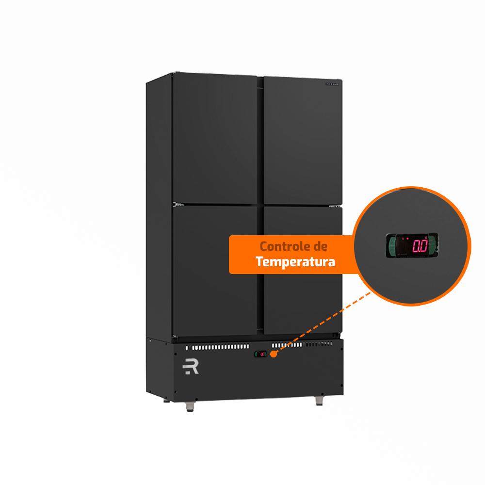 Mini câmara refrigerada com sistema de ar forçado, 744 litros e acabamento preto resistente.