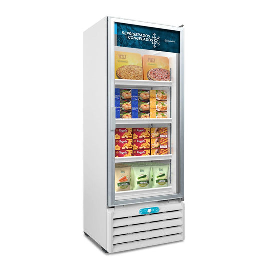 Freezer conservador vertical dupla ação Metalfrio com porta de vidro para conservação eficiente de alimentos.