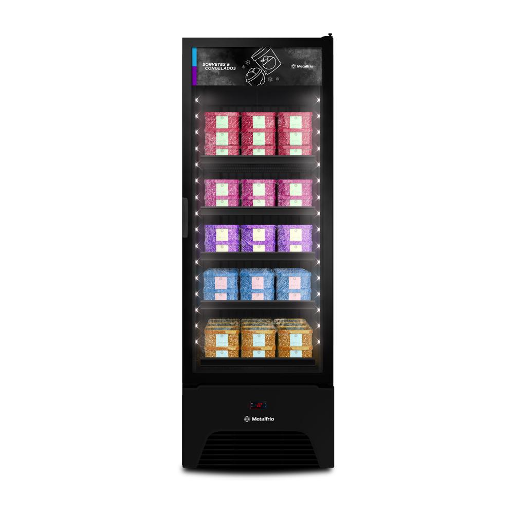 Freezer vertical Metalfrio 220V com baixo consumo energético e alta durabilidade para uso comercial.