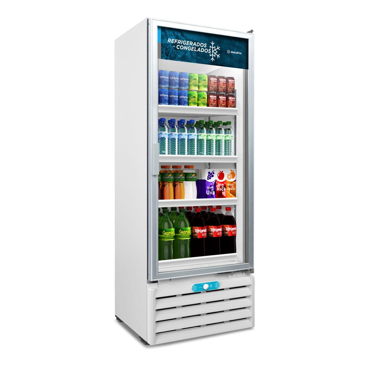 Freezer vertical com porta de vidro transparente e capacidade de 512 litros para exposição de produtos.