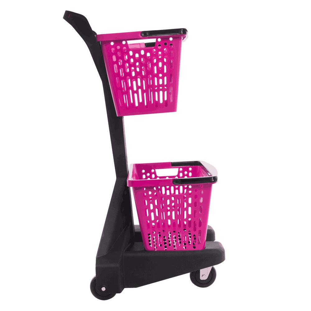 Carrinho com cestos plásticos rosa para supermercado