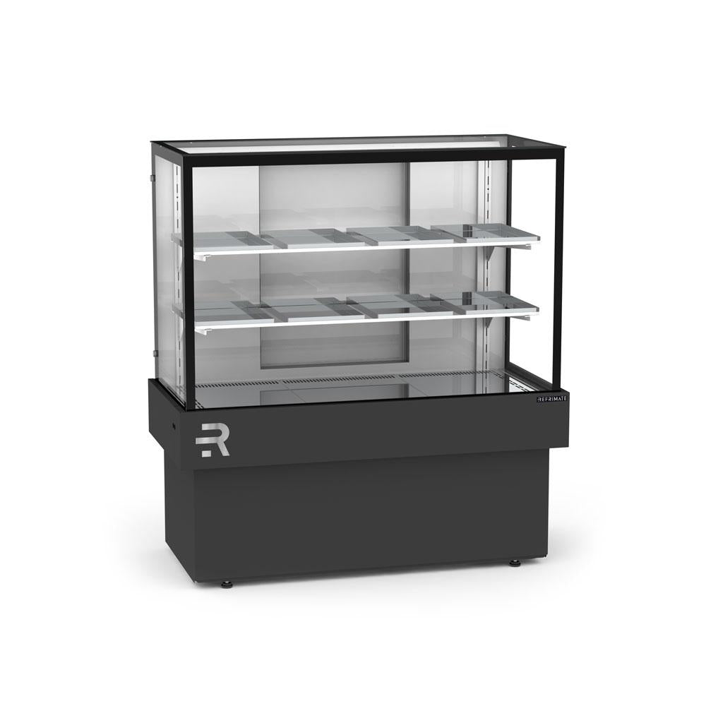 Vitrine térmica para doces e salgados com vidro temperado e portas traseiras
