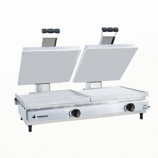 Sanduicheira conjugada a gás Venâncio SCG70A2p com 2 prensas e chapa de alumínio, ideal para lanchonetes e restaurantes de grande demanda