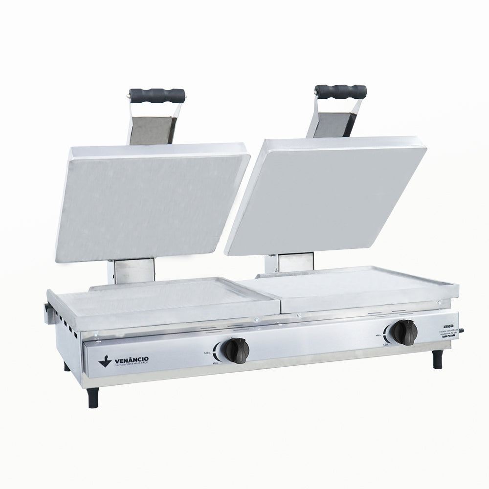 Sanduicheira conjugada a gás Venâncio SCG70A2p com 2 prensas e chapa de alumínio, ideal para lanchonetes e restaurantes de grande demanda