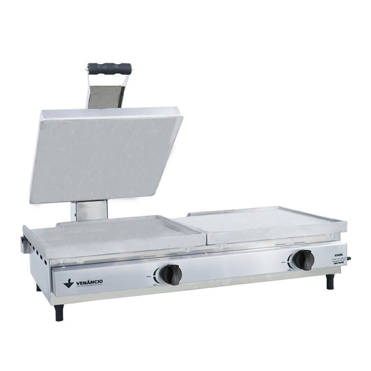 Sanduicheira conjugada a gás Venâncio SCG90A com chapa de alumínio fundido, ideal para restaurantes e lanchonetes de alta demanda