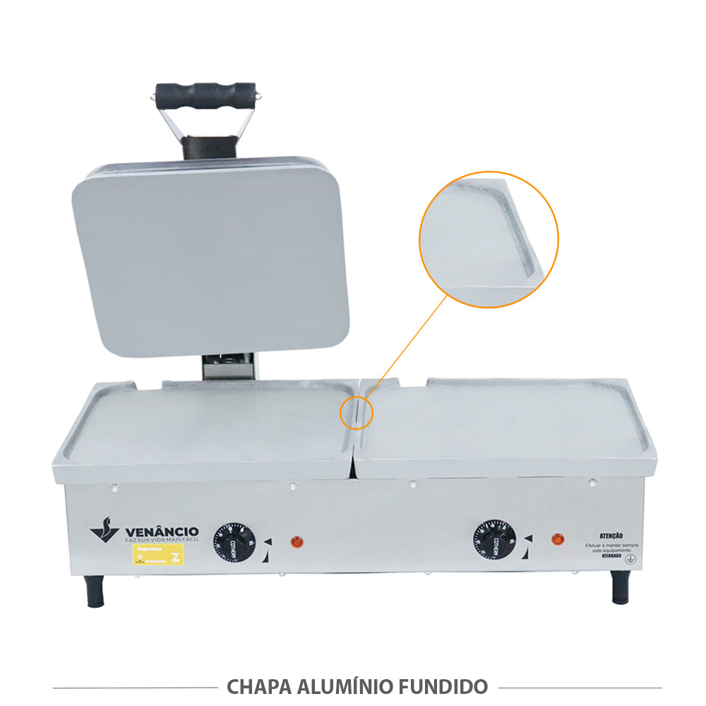 Chapa de alumínio fundido sanduicheira profissional Venâncio SCE70A aquecimento uniforme
