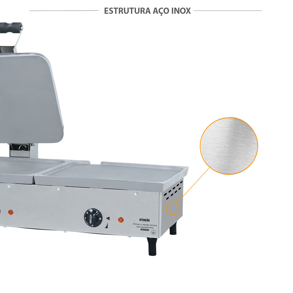 Corpo e painel em aço inox escovado sanduicheira Venâncio SCE70A profissional durabilidade