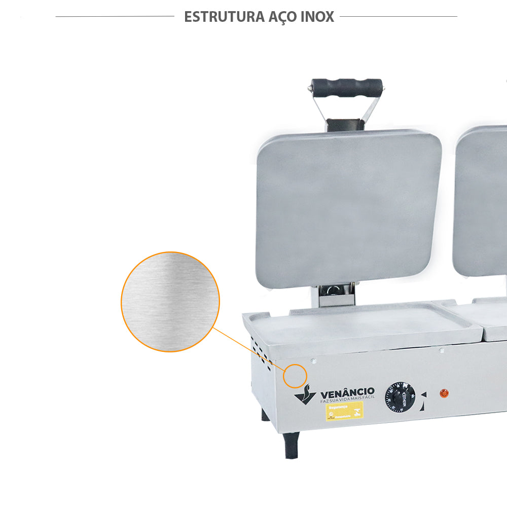 Corpo e painel em aço inox escovado sanduicheira Venâncio SCE70A2P profissional durabilidade
