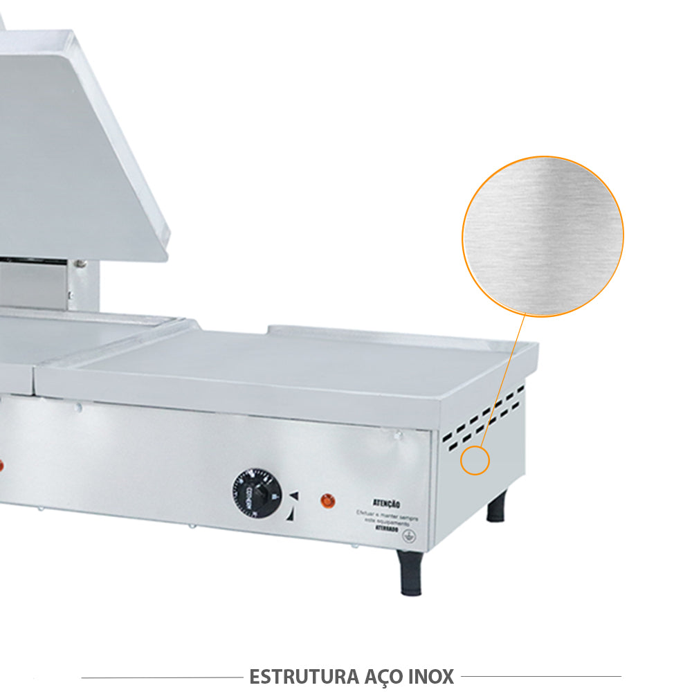 Corpo e painel em aço inox escovado sanduicheira Venâncio SCE90A profissional durabilidade