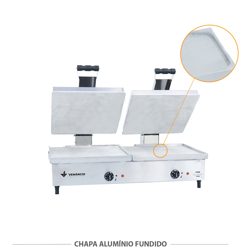 Duas chapas de alumínio fundido sanduicheira profissional Venâncio SCE90A2P aquecimento uniforme