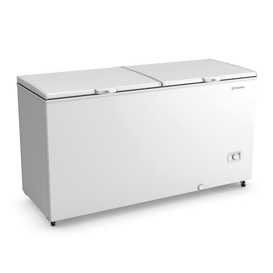 Freezer Refrigerador Inverter Horizontal Metalfrio DA550IF Tech, branco, com tampa superior fechada, ideal para uso comercial.