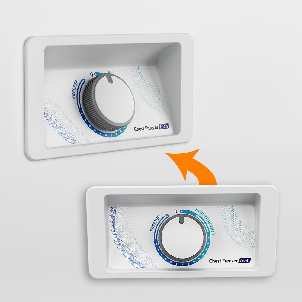 Selo de eficiência energética A em um Freezer Metalfrio Bivolt, ressaltando a economia de energia da tecnologia Inverter.