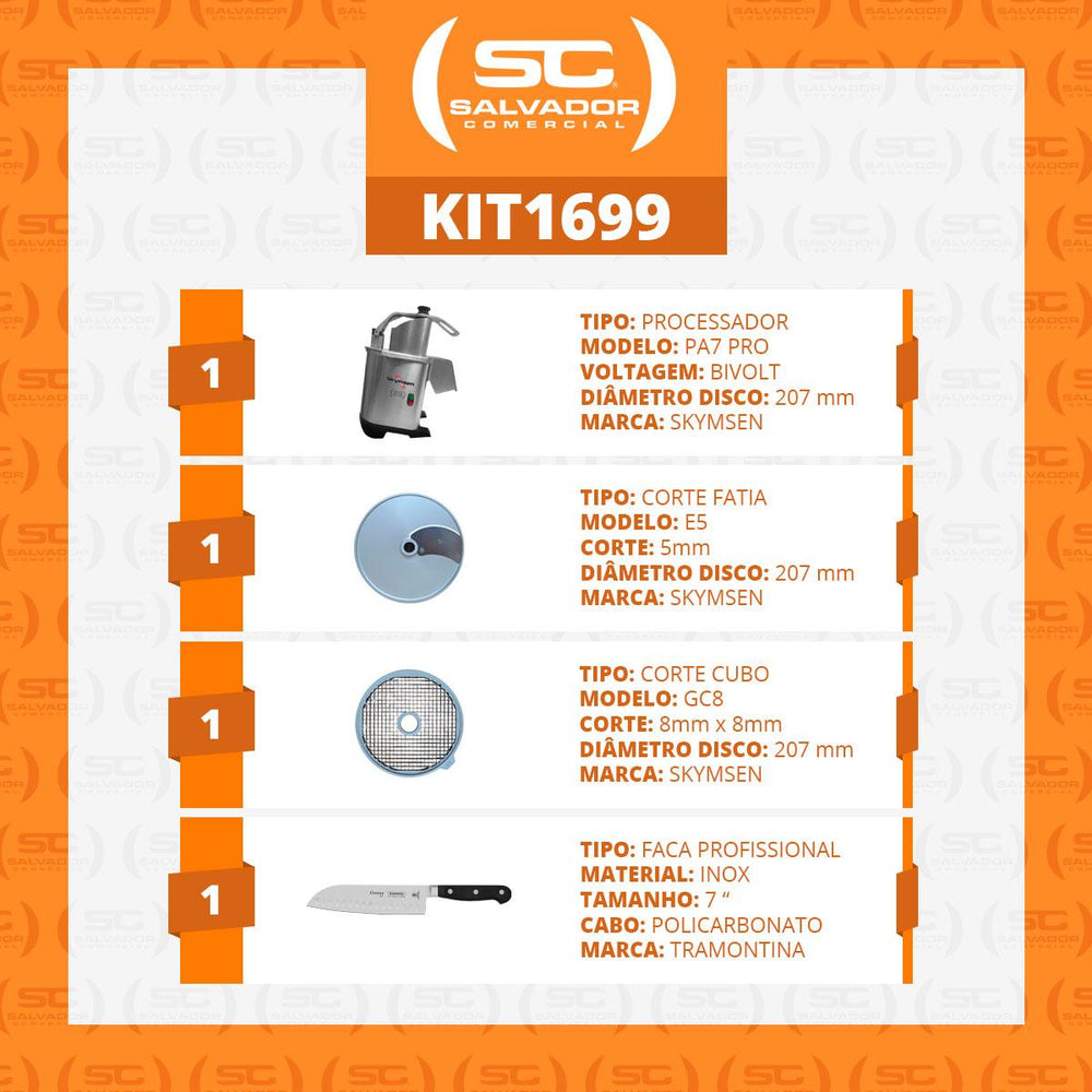 
Kit processador Skymsen PA7 PRO com disco, grade de cubo e faca inox Tramontina.