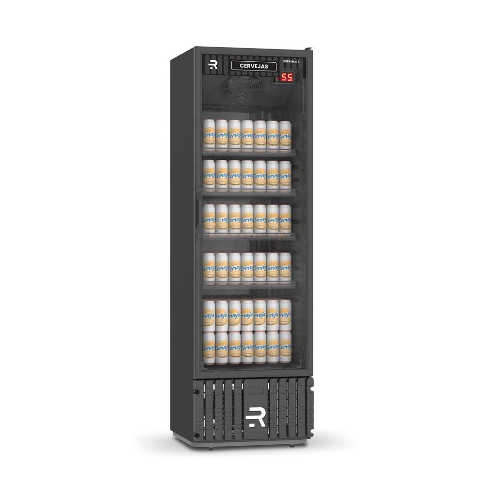 Visa Cooler cervejeiro Refrimate VCCE400PVPP 400L 220V preto com porta de vidro, ideal para cervejas geladas em bares e restaurantes, temperatura de -5,5 a 4°C.