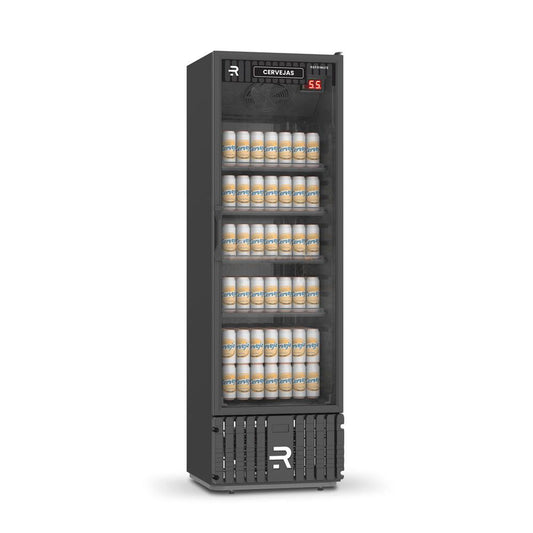 Visa Cooler cervejeiro Refrimate VCCE400PVPP 400L 220V preto com porta de vidro, ideal para cervejas geladas em bares e restaurantes, temperatura de -5,5 a 4°C.