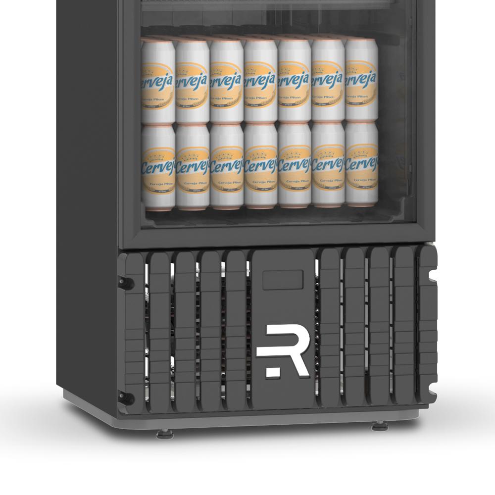 Base do Visa Cooler cervejeiro Refrimate VCCE400PVPP 400L, mostrando pés termoplásticos ajustáveis e entrada de ar inferior para refrigeração eficiente