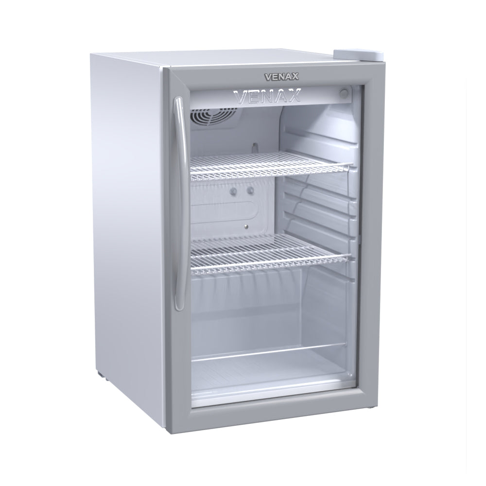 Visa cooler Venax VV100 branco 82L com porta de vidro duplo, ideal para bebidas em comércio, casa ou área de lazer.