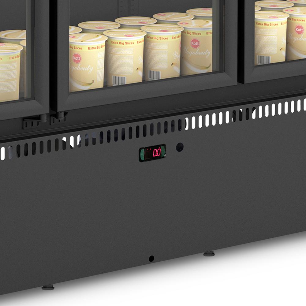 Vitrine refrigerada vertical 5 portas preta ideal para frios, laticínios e frutas frescas