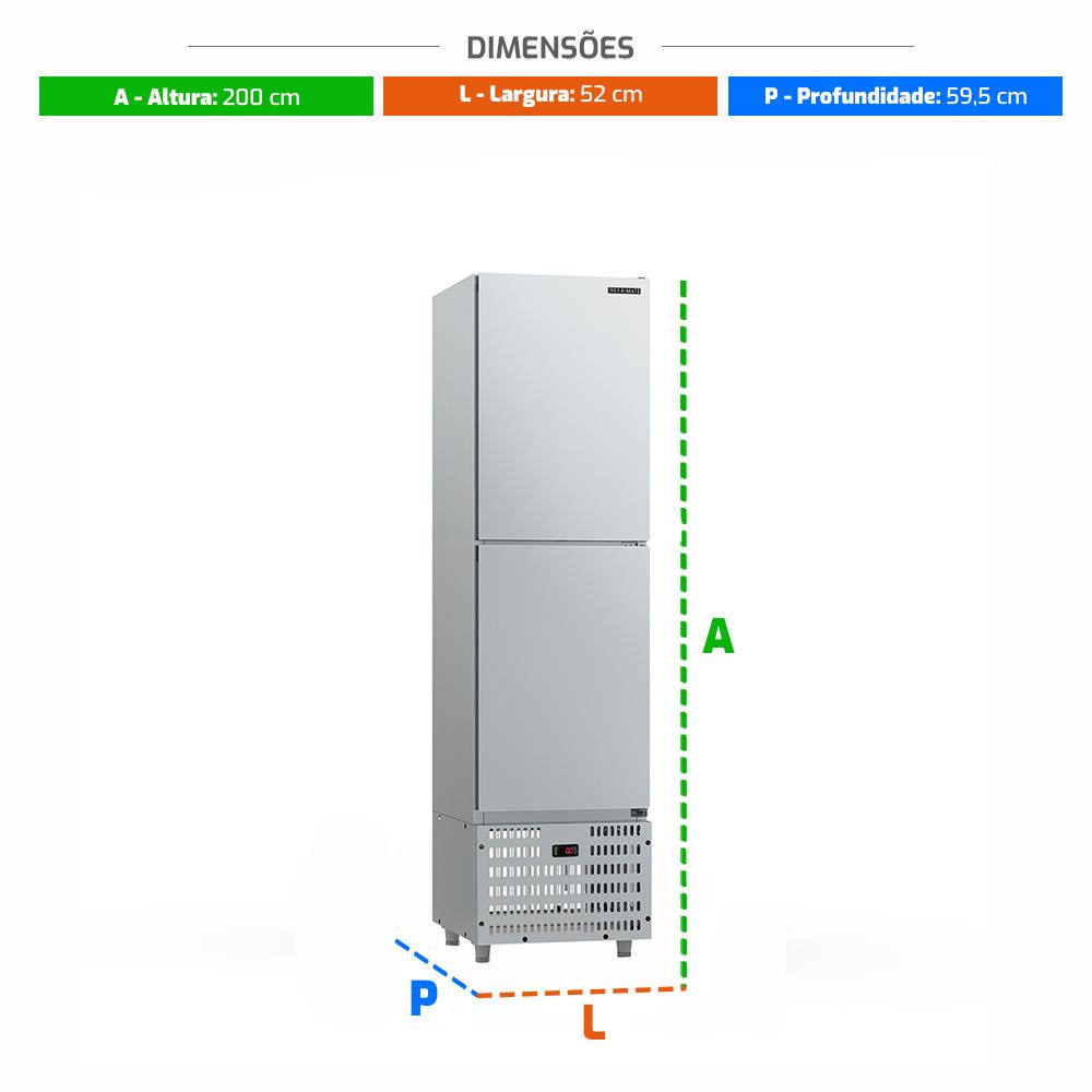 Mini câmara refrigerada inox 2 portas aberta com prateleiras reguláveis