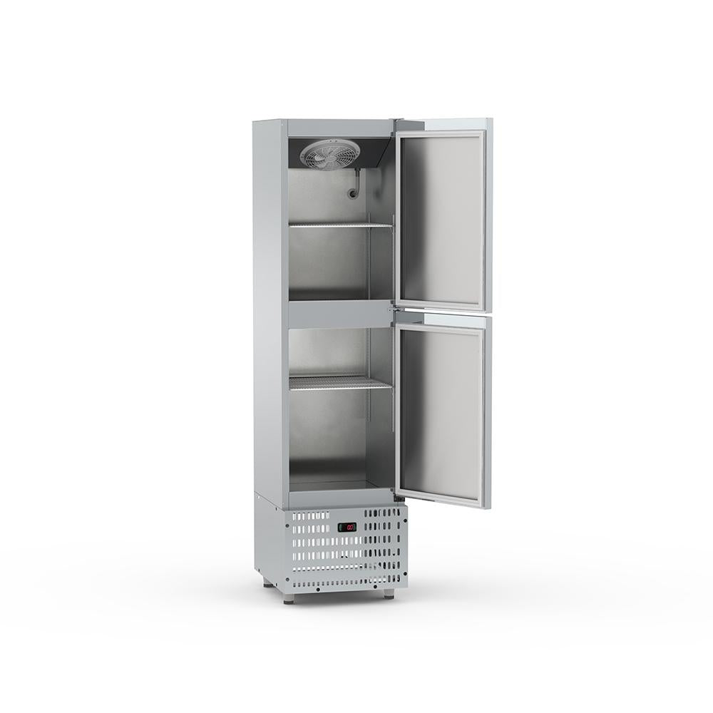 Vista lateral da mini câmara inox Refrimate com 2 portas
